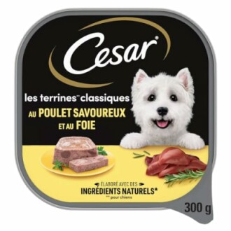 Nourriture pour chien César avec terrine de poulet et foie