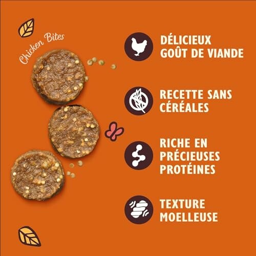 Nourriture pour chiens avec goût de viande, sans céréales, riche en protéines, texture moelleuse.