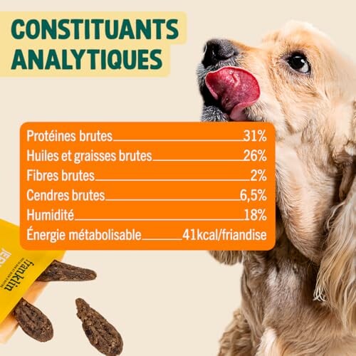 Chien à côté d'une liste des constituants analytiques d'une friandise.