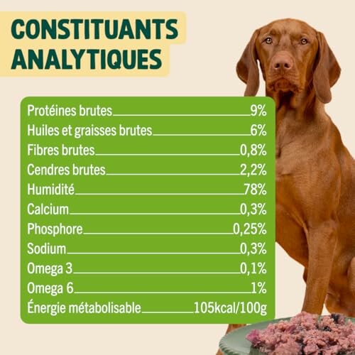 Chien à côté d'un tableau des constituants analytiques de l'alimentation canine.