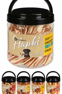 Pot de friandises pour chiens Flamingo Hapki avec goût poulet.