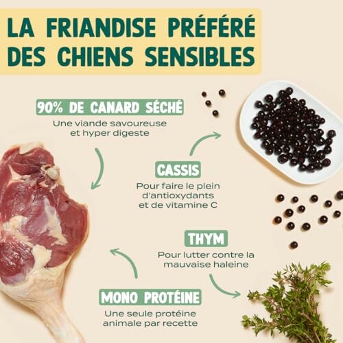 Ingrédients de friandise pour chiens sensibles avec canard, cassis, thym.