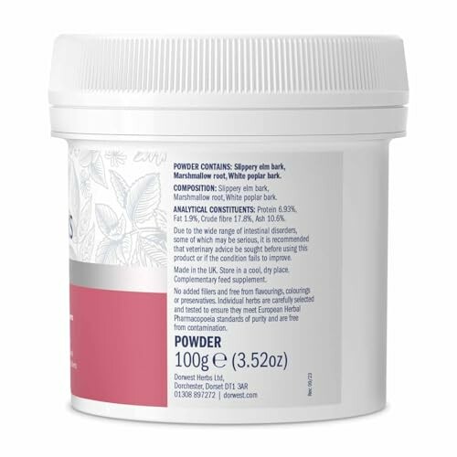 Pot de poudre à base de plantes de 100 g avec étiquettes détaillées.