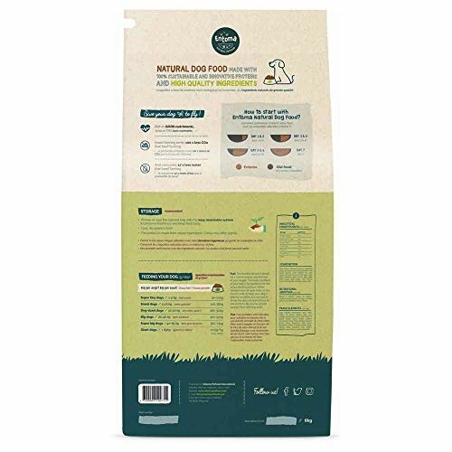 Dos d'un sac de nourriture naturelle pour chiens avec instructions et informations nutritionnelles.