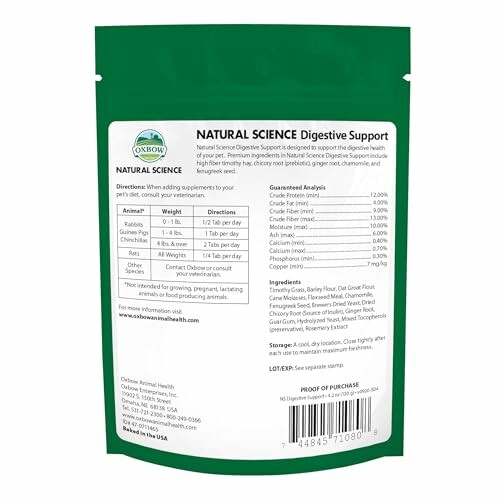 Dos d'un paquet de soutien digestif Oxbow Natural Science pour animaux.