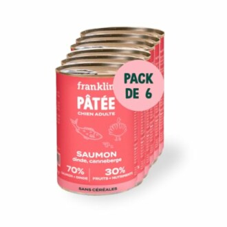 Pack de 6 boîtes de pâtée pour chien au saumon, dinde et canneberge.